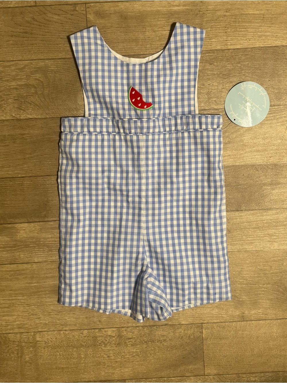 Little English Light Blue Gingham Romper with Red Watermelon Patch